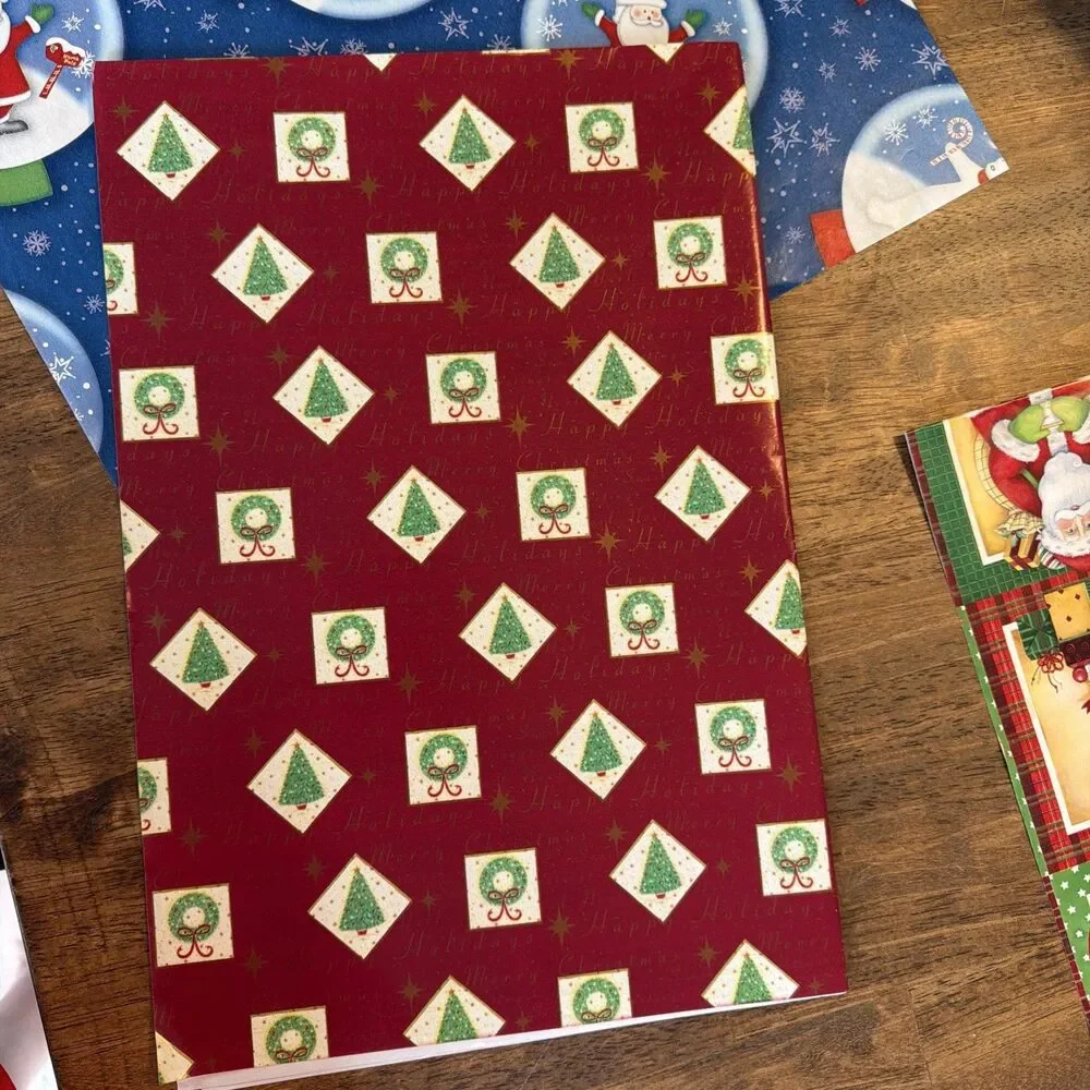 Lot of Flat Christmas Wrapping Paper Poinsettia Santa Wreath Holiday Gift Wrap